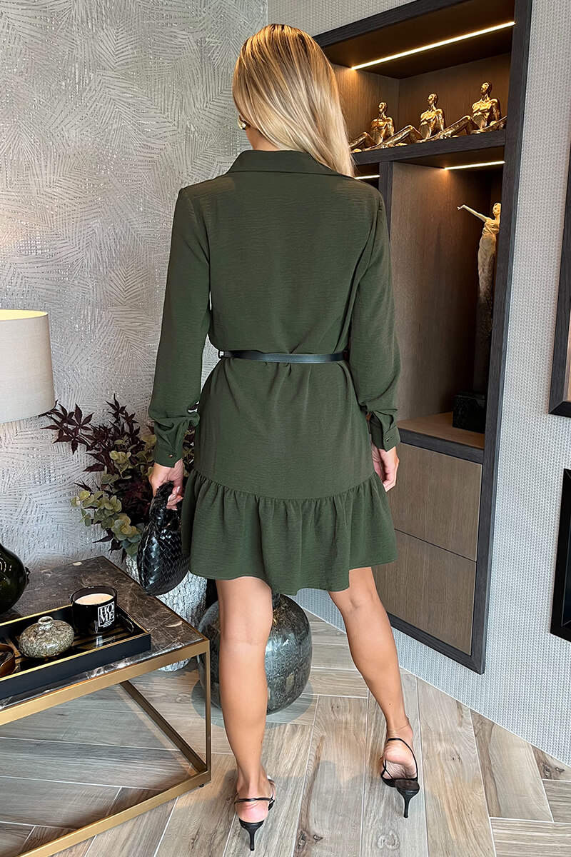 Da1902 Olive Long Sleeve Frill Hem Shirt Mini Dress