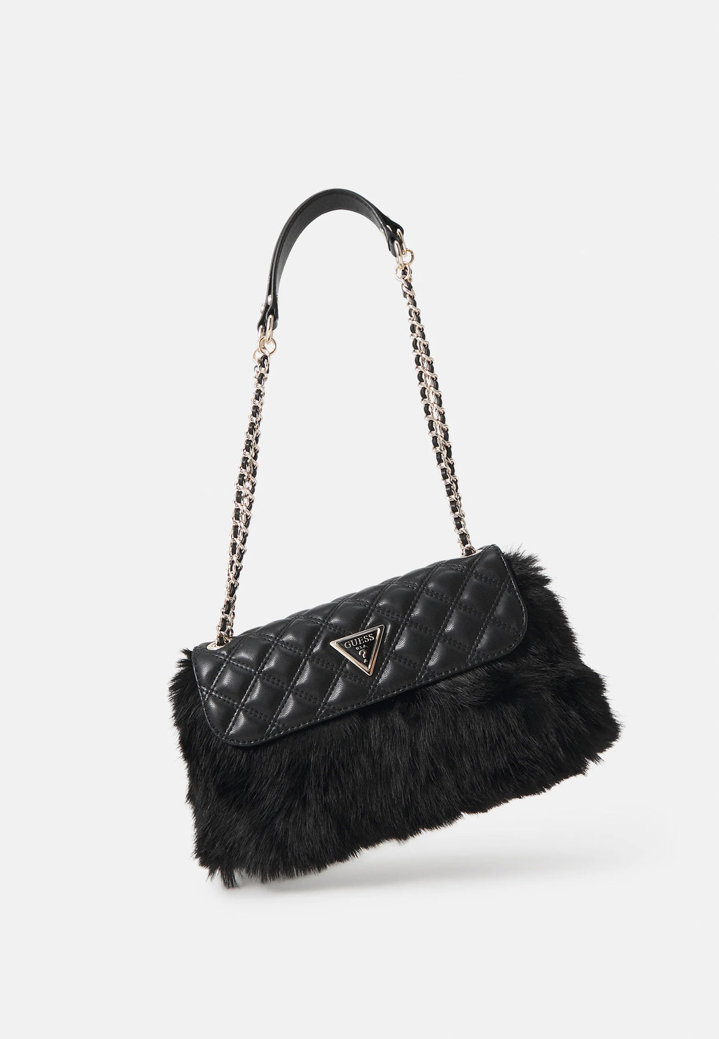 Guess black  lise flap over faux fur convertible shoulder / crossbody