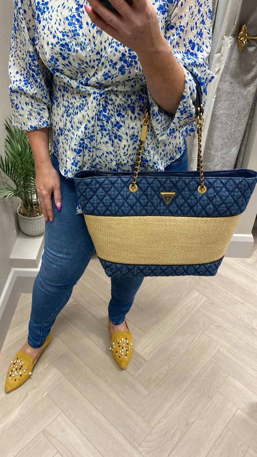 Guess natural denim delfa tote bag QD932823