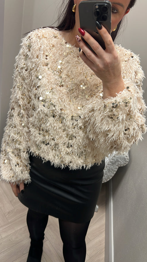 Cream gold feather knit top