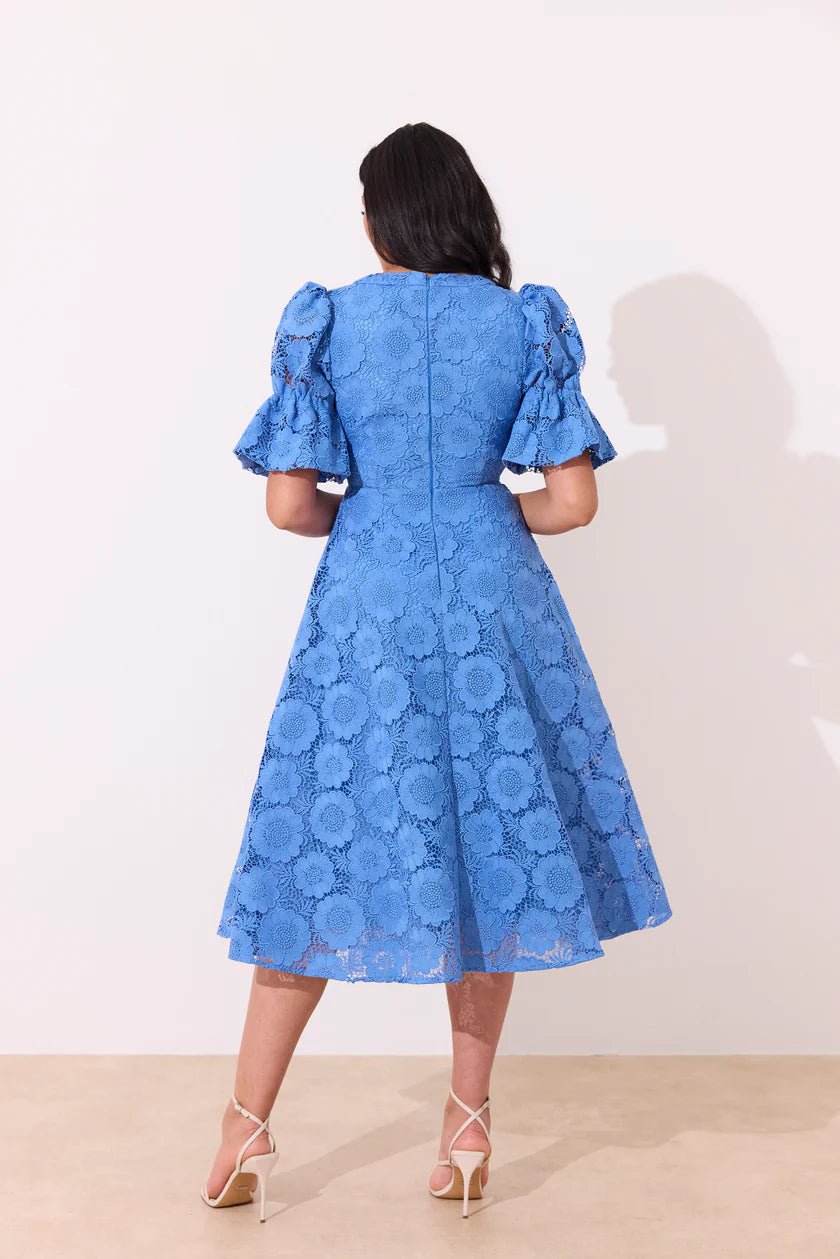 CALLIE CROCHET LACE MIDI DRESS - CORNFLOWER BLUE