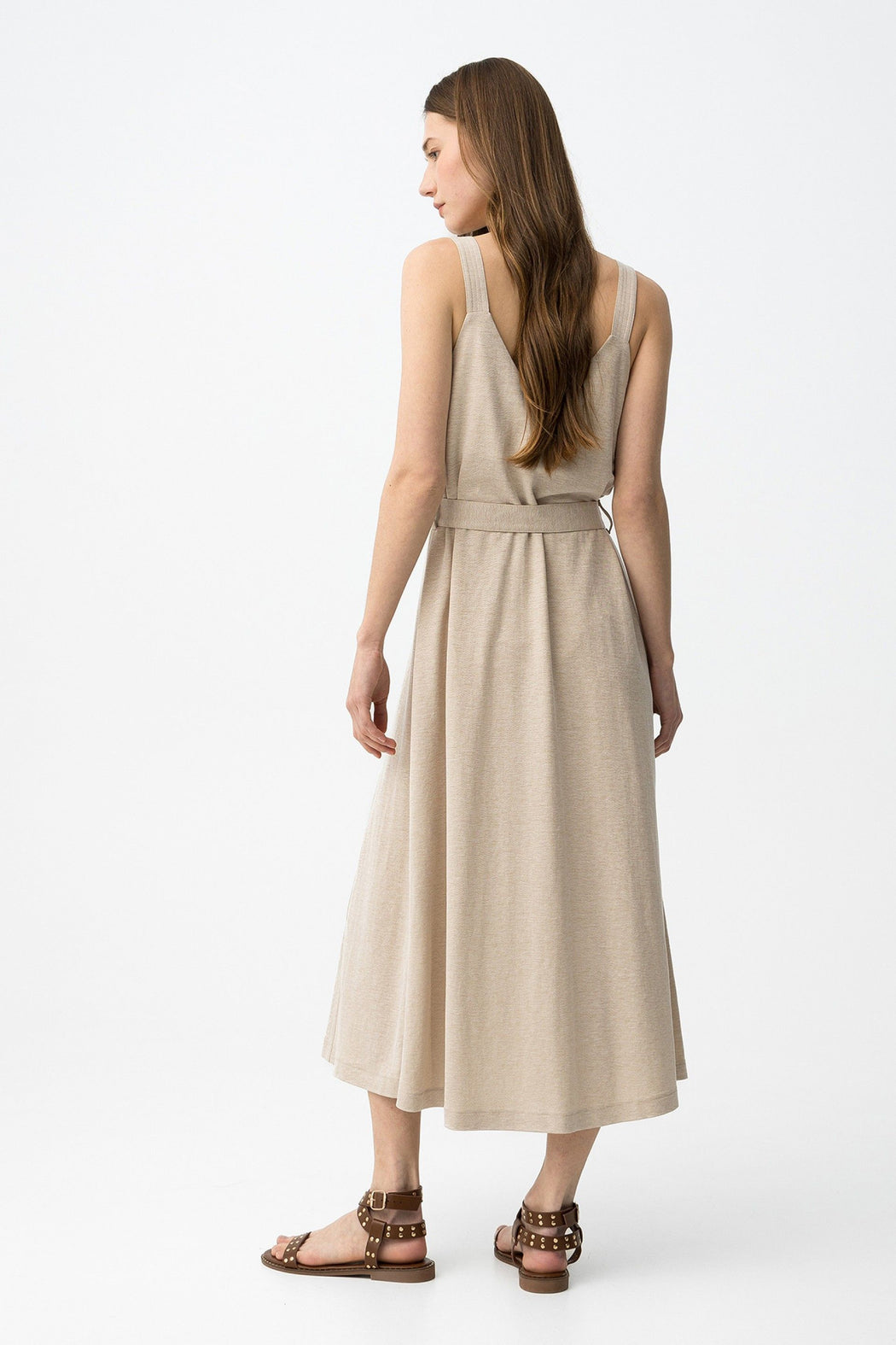 Shara beige gold button detail dress