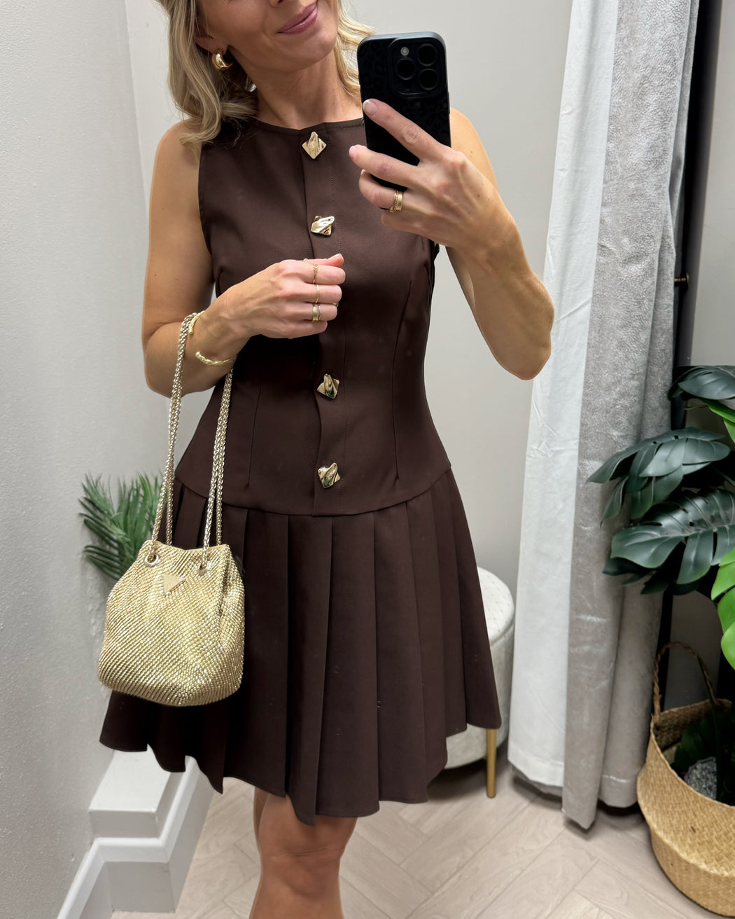 Penelope Tailored Pleated Mini Dress Brown