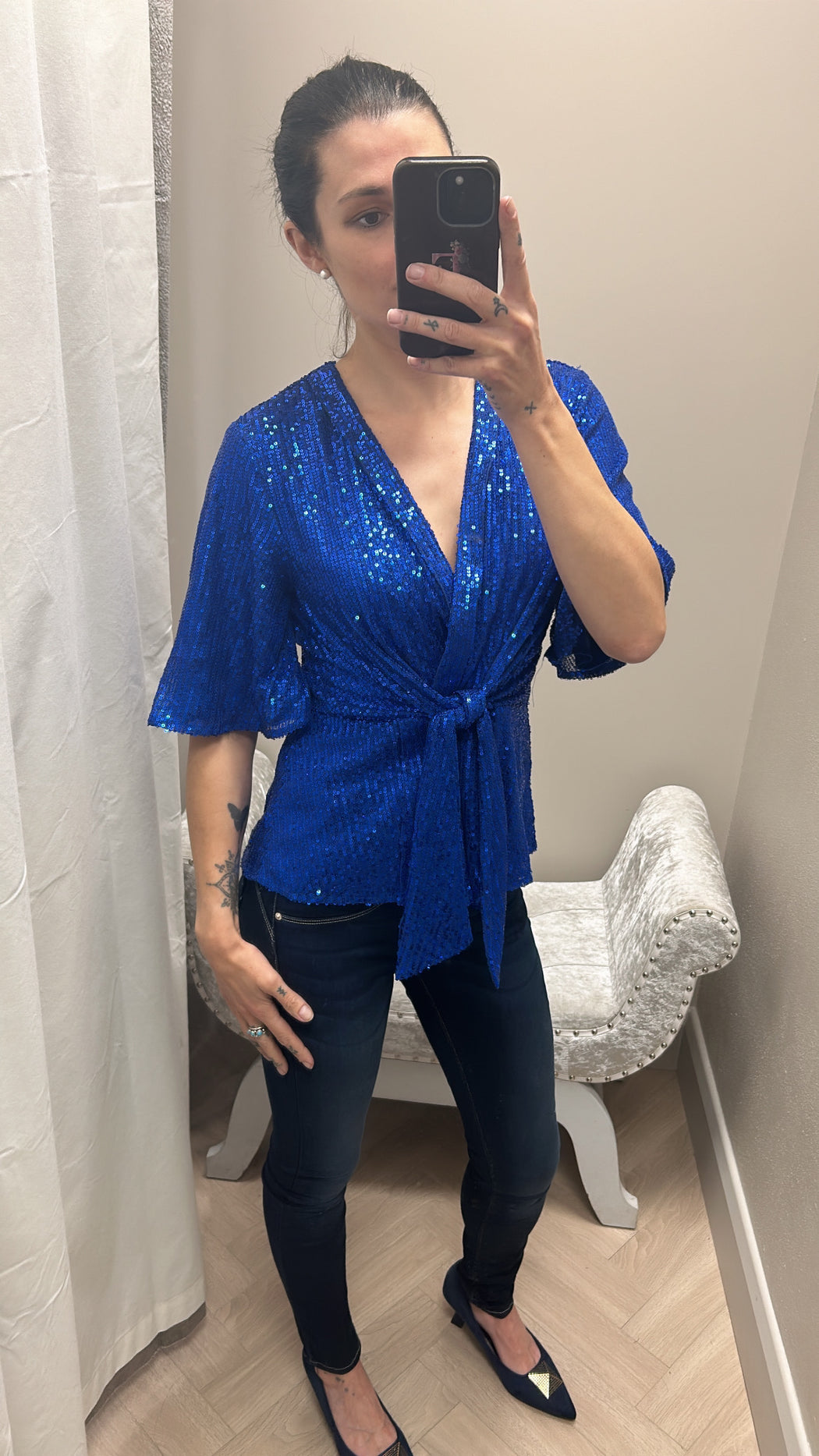 Brooke Cobalt Sequin Wrap Detail Top