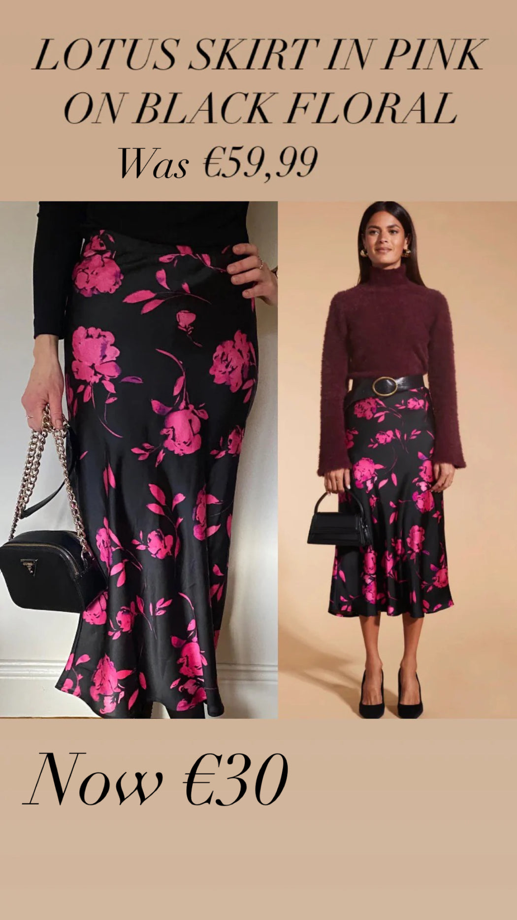 LOTUS SKIRT IN PINK ON BLACK FLORAL