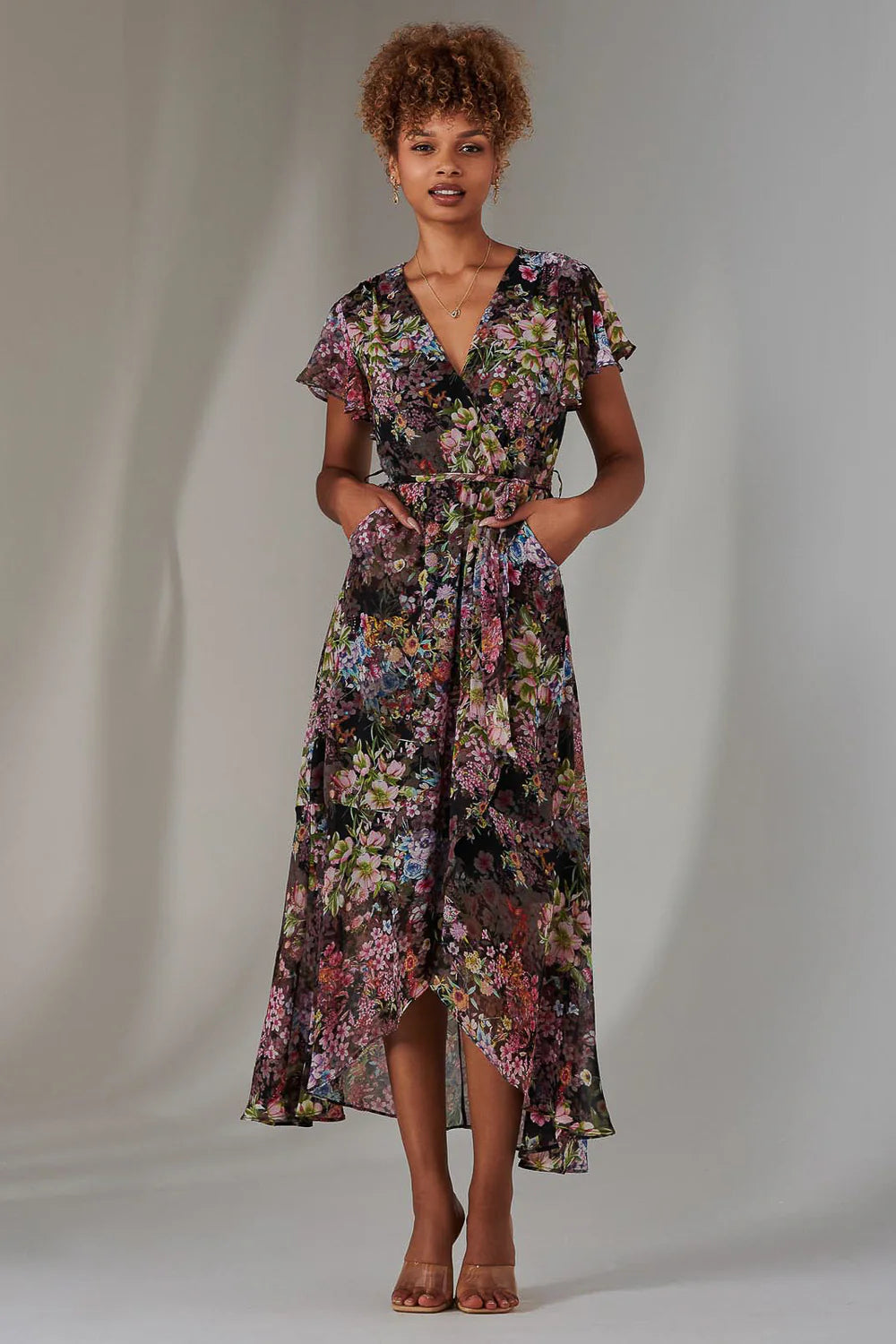 JOLIE MOI CHIFFON PRINT FRILL DIP HEM MAXI DRESS, BLACK FLORAL