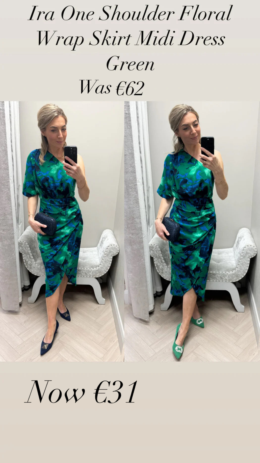 Ira One Shoulder Floral Wrap Skirt Midi Dress Green