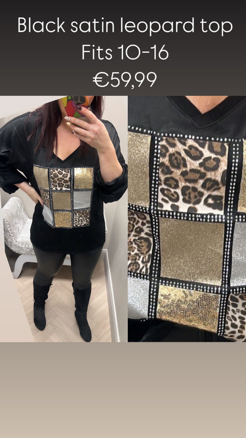 Black satin leopard top