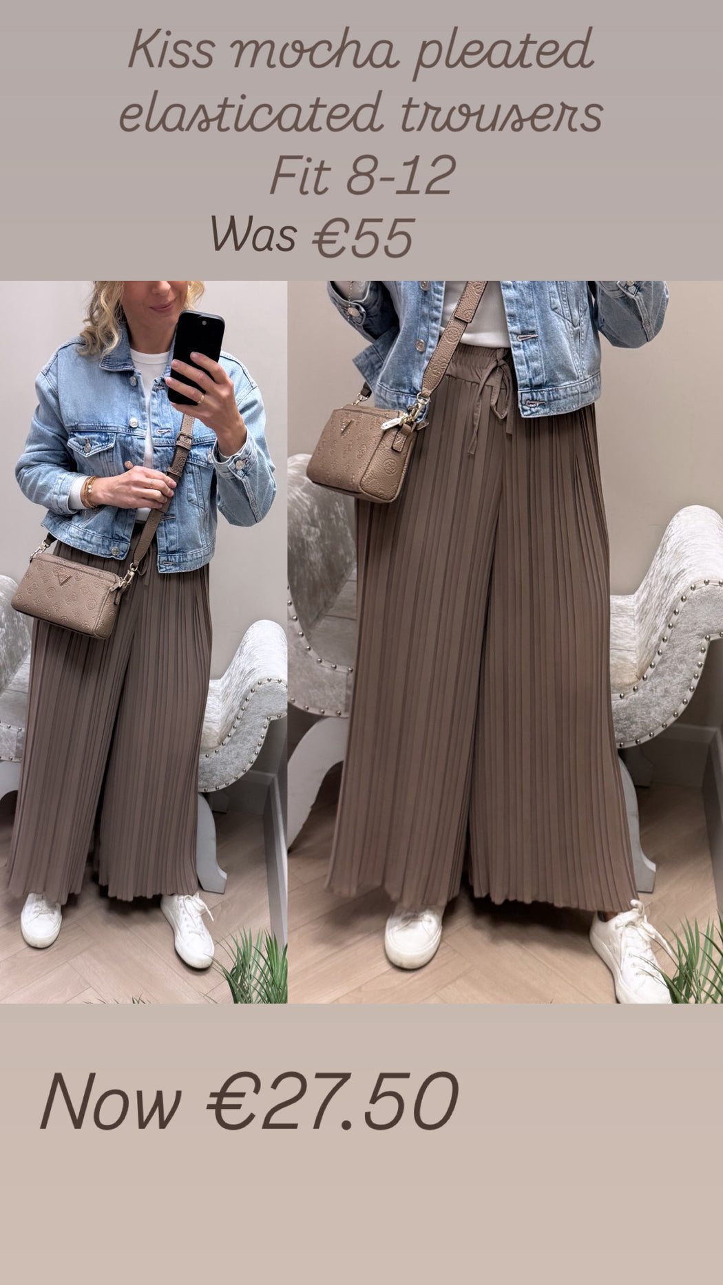Kiss mocha pleated elasticated trousers