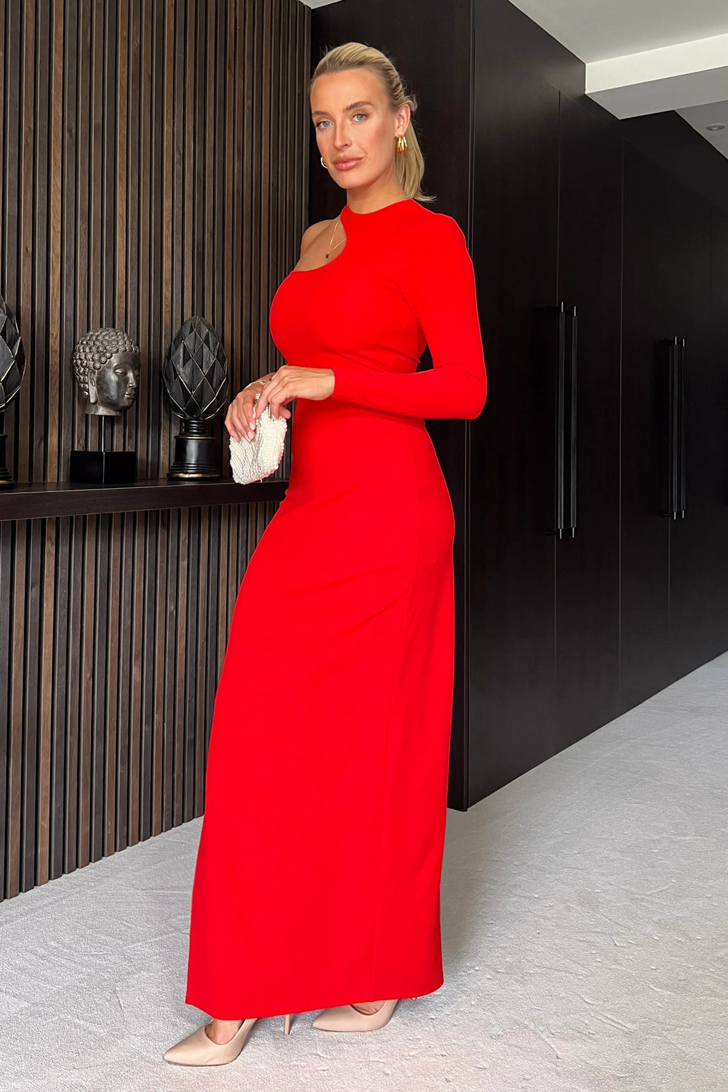 Tilly One Sleeve Slit Bodycon Dress Red