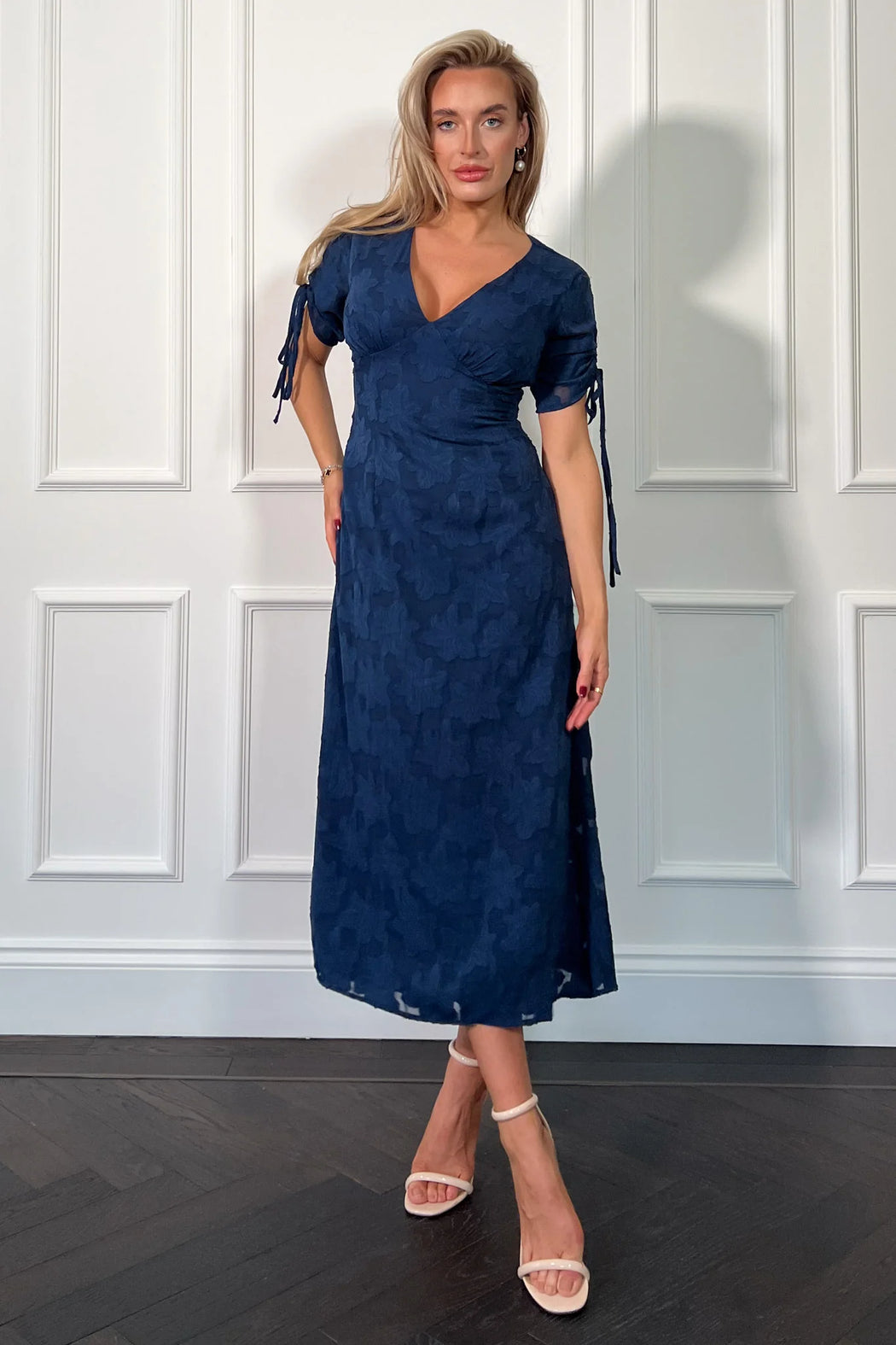 Emily navy Burnout Tie Sleeve Midi Dress