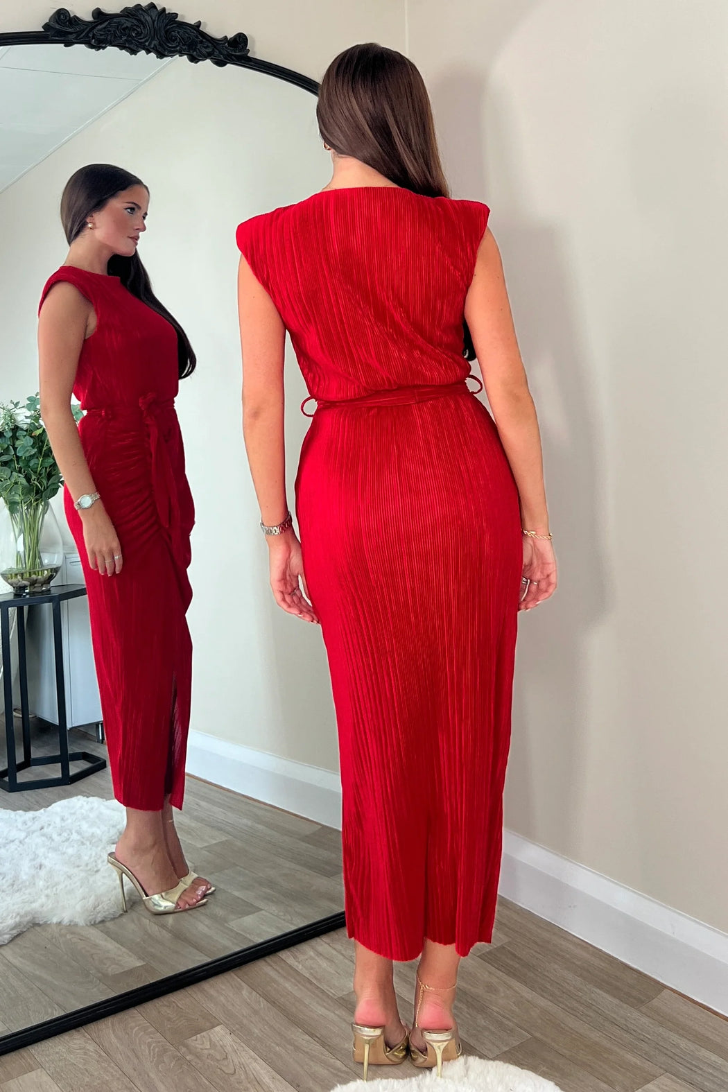 Elena  red Ruched seamed Midi Dress