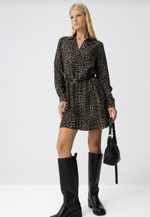 Green leopard shirt dress