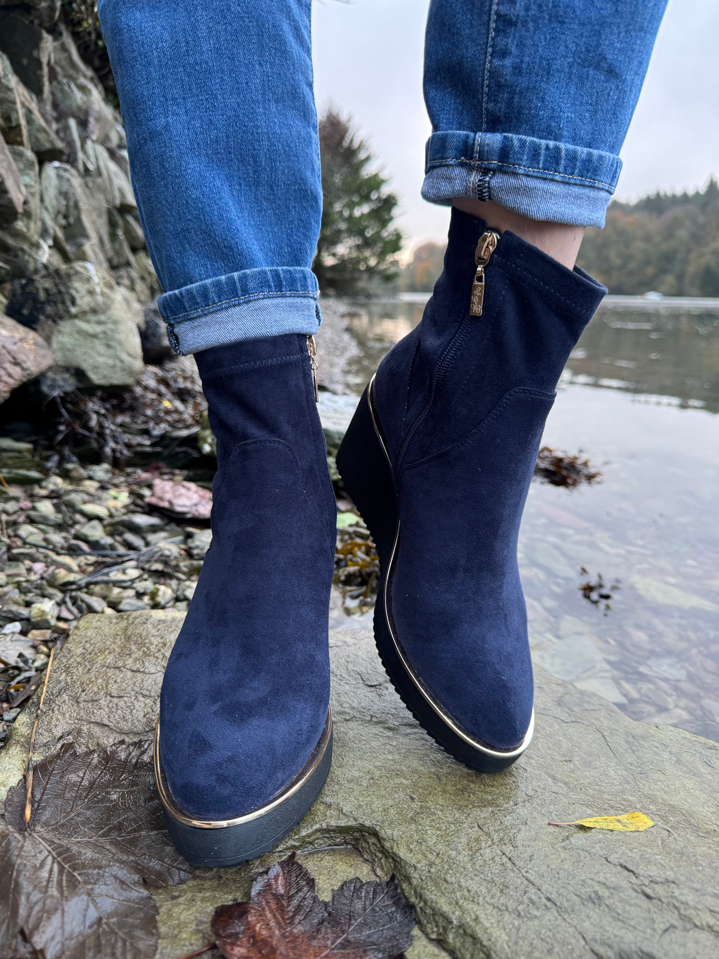 Poole sapphire navy wedge boots