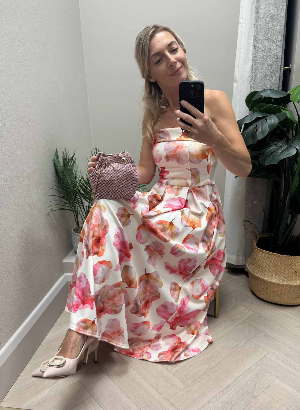 Danni Strapless Bandeau Midi Dress Pink Floral
