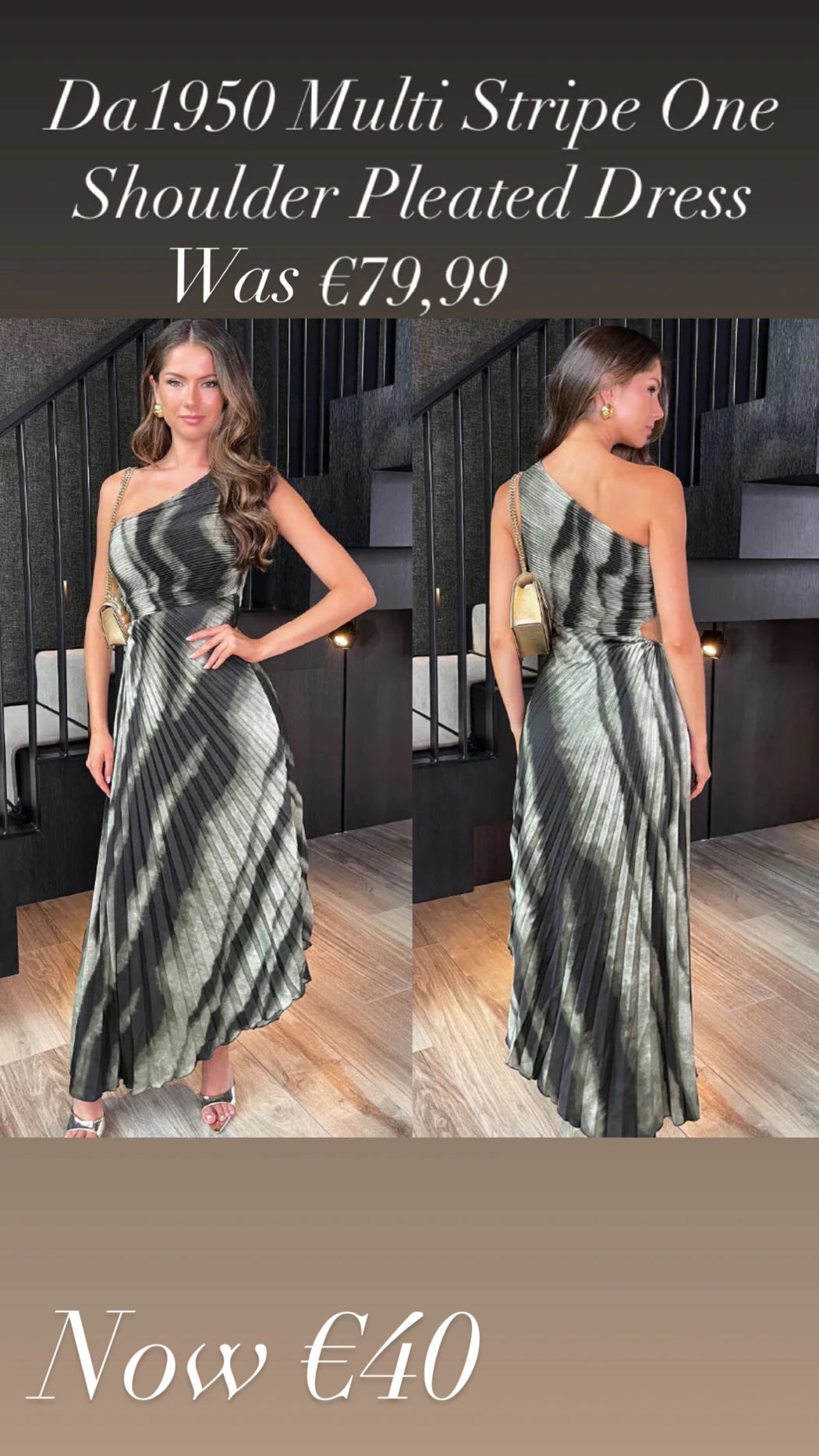 Da1950 Multi Stripe Print One Shoulder Pleated Midi Dress