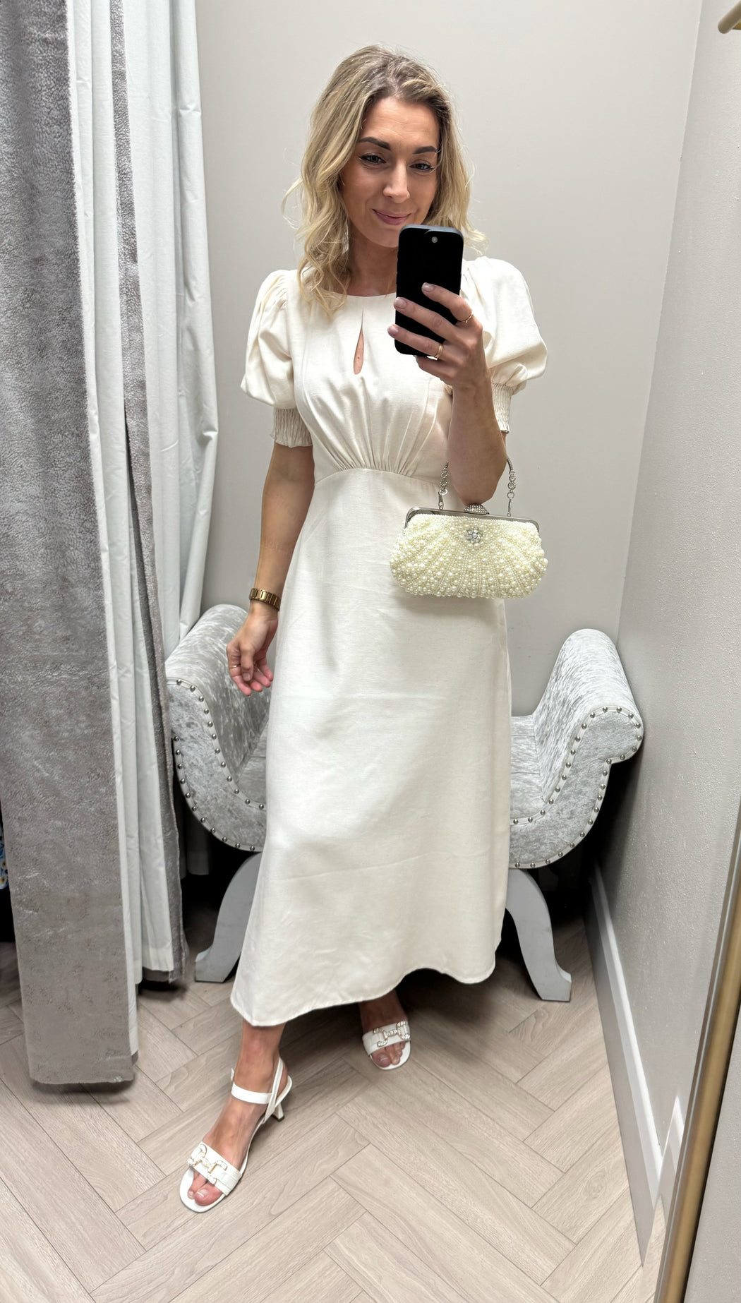 CREAM LINEN MIDI DRESS