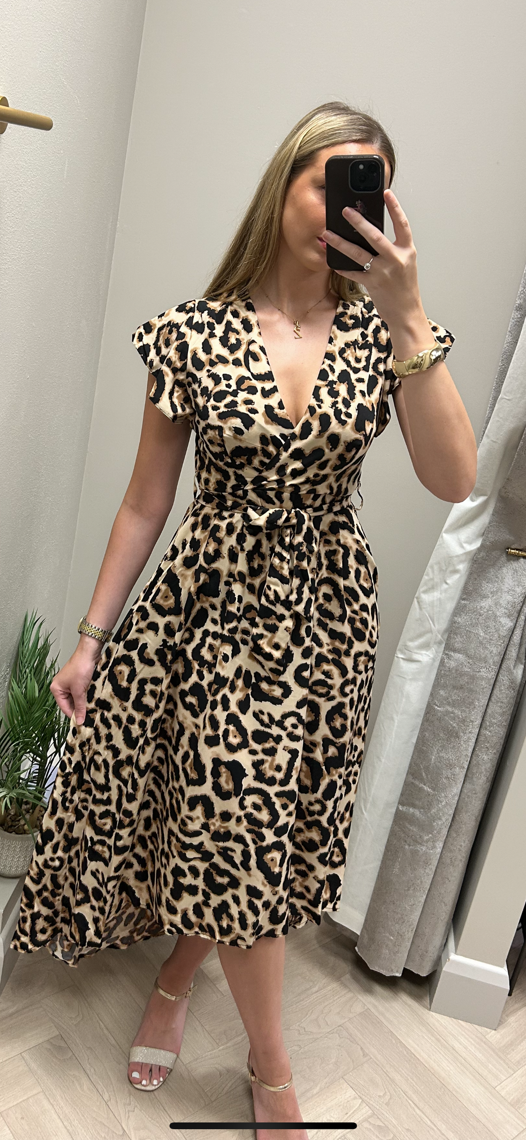 DA1998 Multi Leopard Print Short Sleeve Belted Wrap Midi Dress