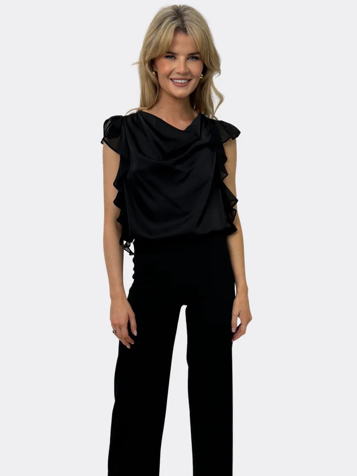 Riley ruffled cowl neck black top