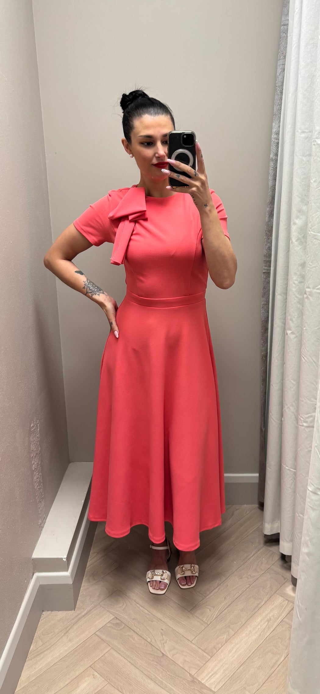 Minta Bow Detail Short Sleeve Midi Dress Coral