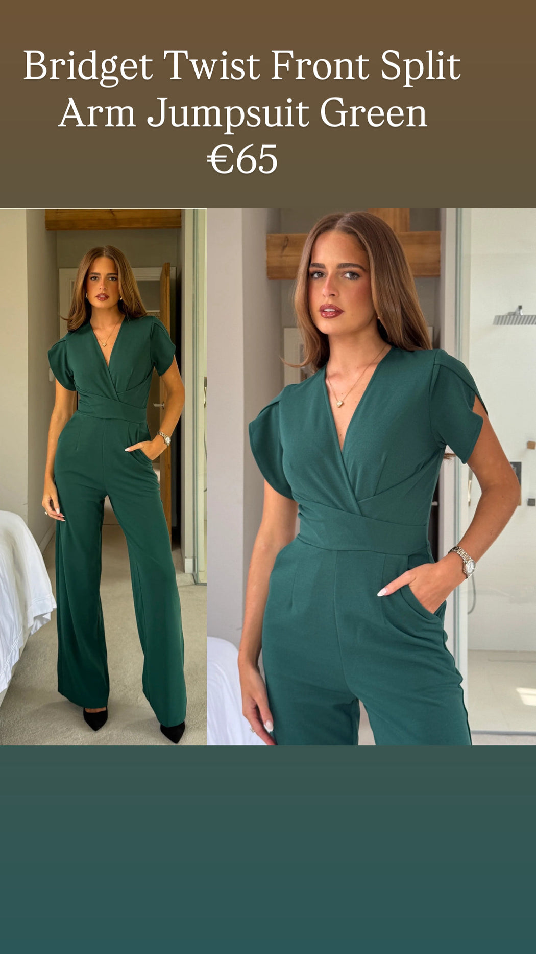 Bridget Twist Front Split Arm Jumpsuit Green