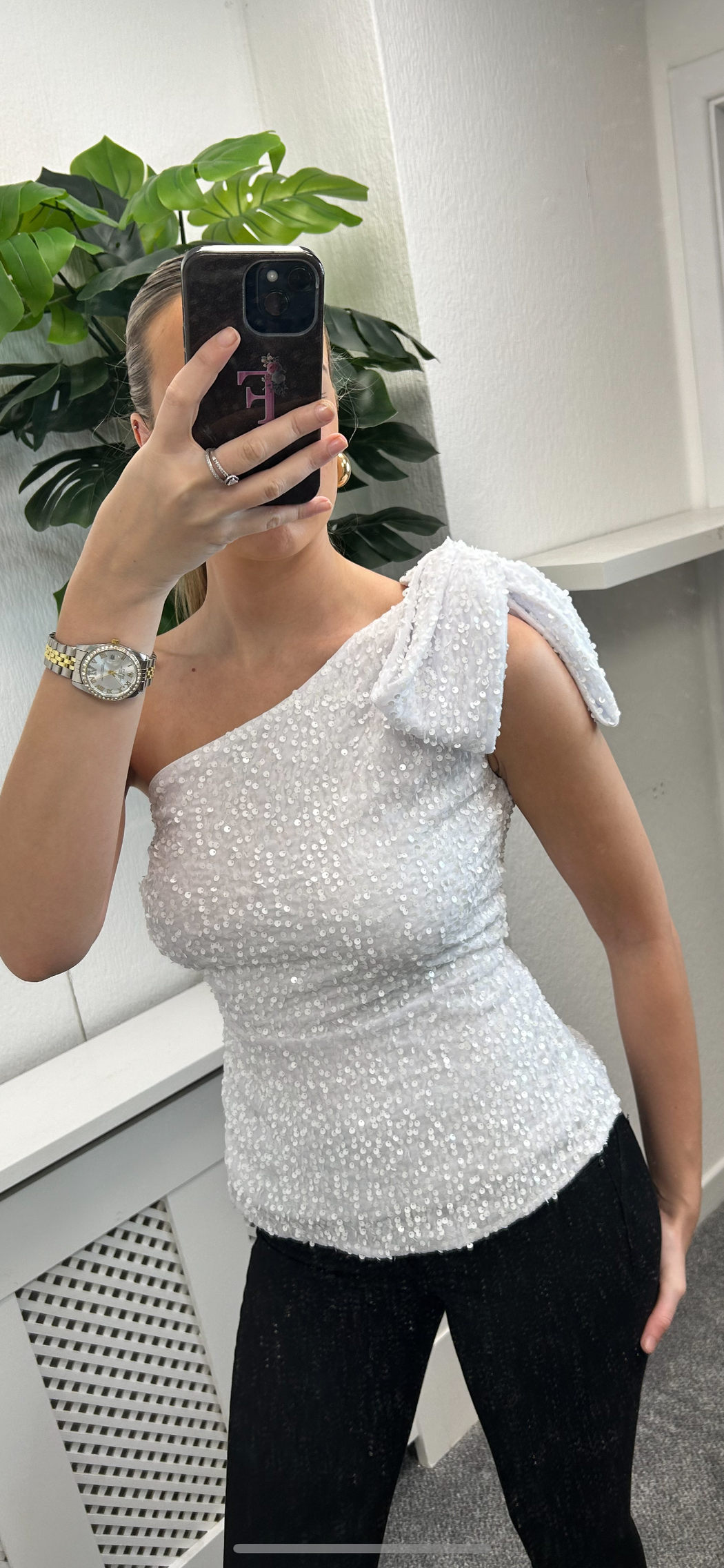 Birdie White Sequin One Shoulder Top