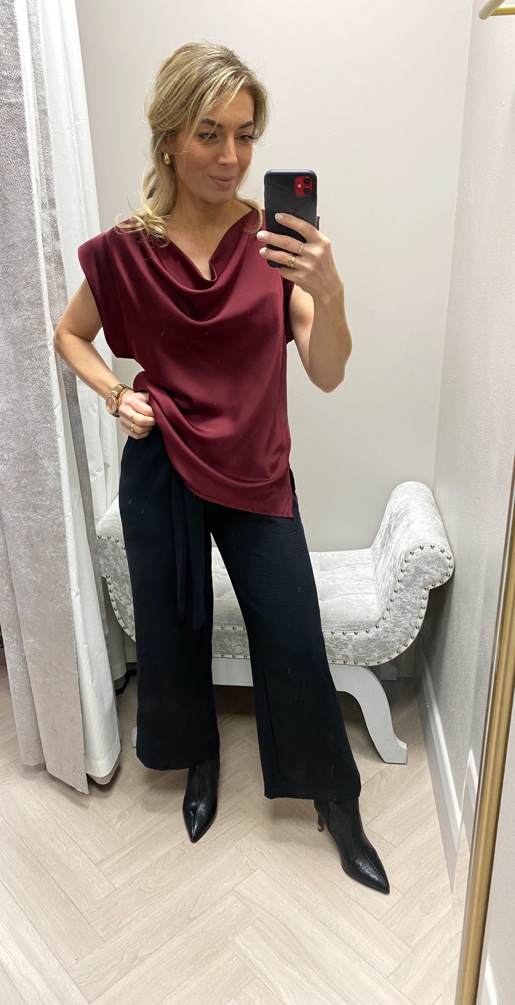 Satin wine  cowl neck top