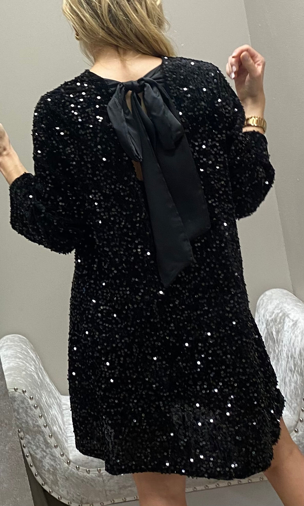 Black sequin bow back dress