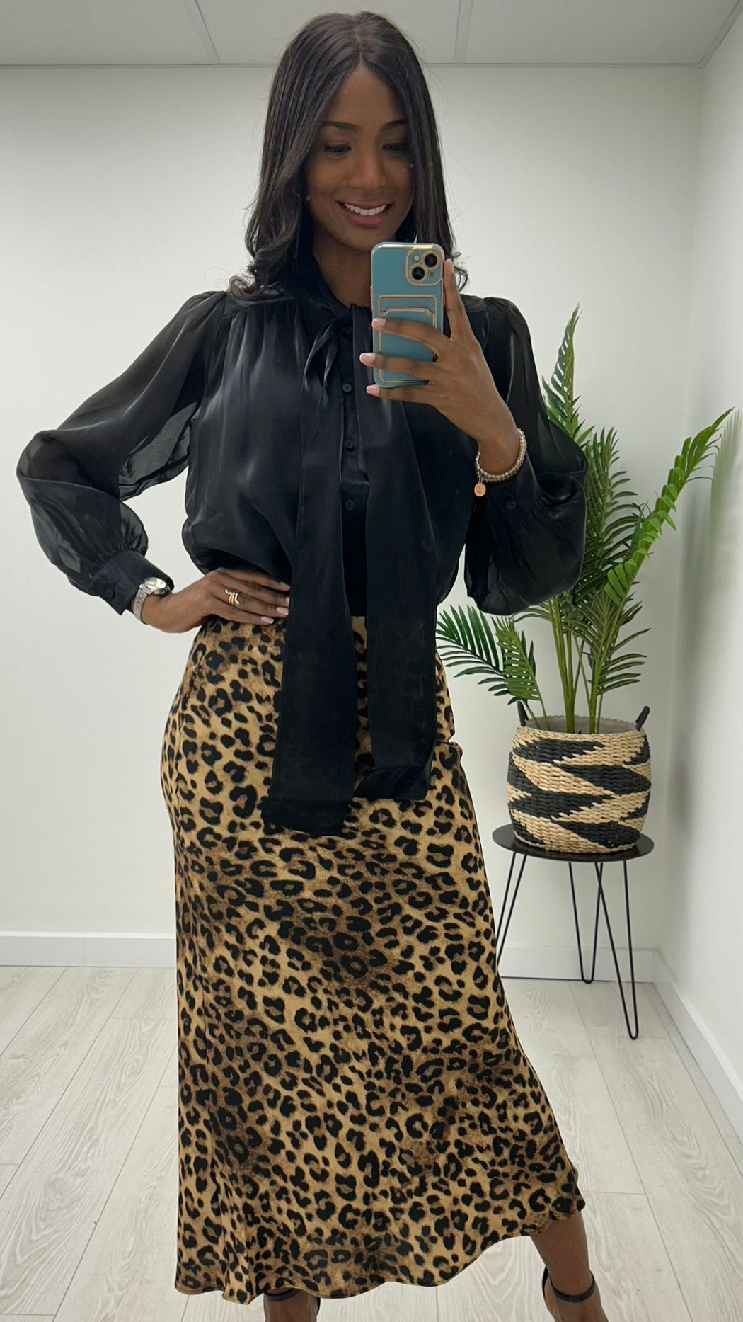 Zora leopard satin midi skirt