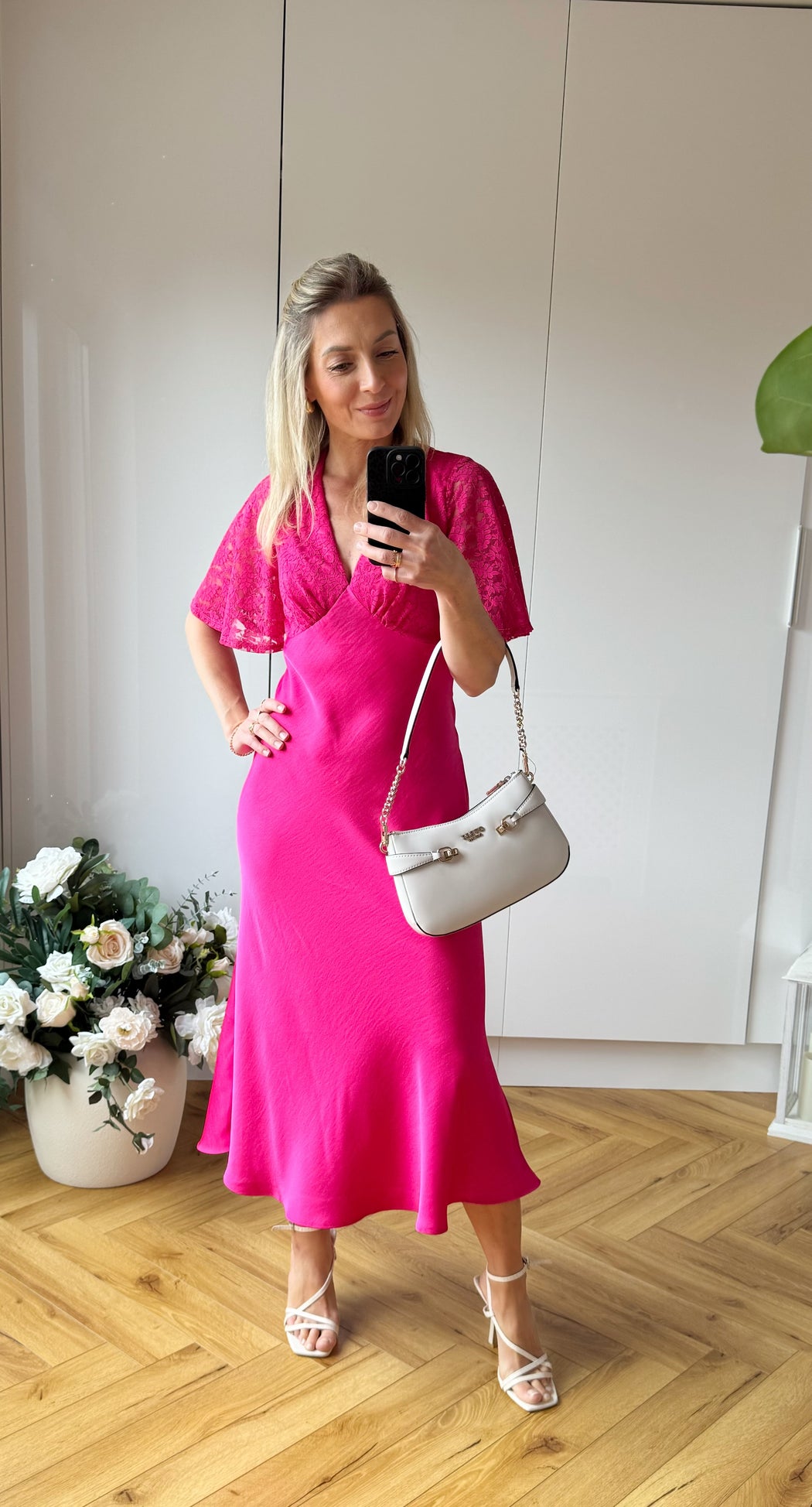 Pink Lace Satin Midi Dress