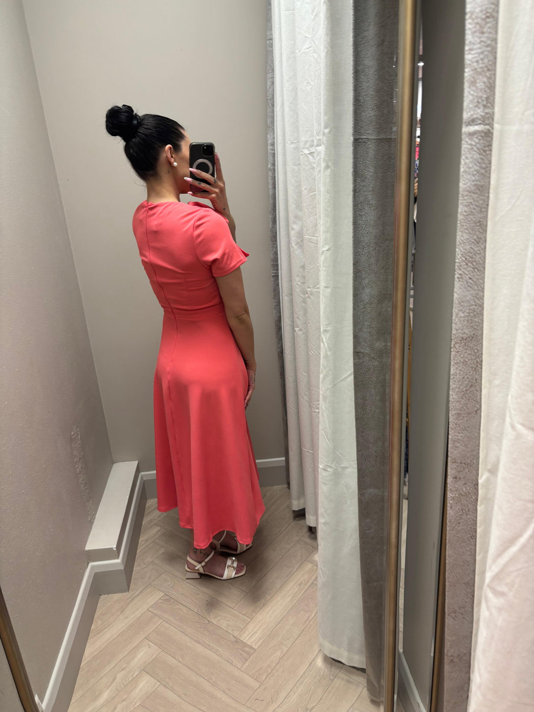 Minta Bow Detail Short Sleeve Midi Dress Coral