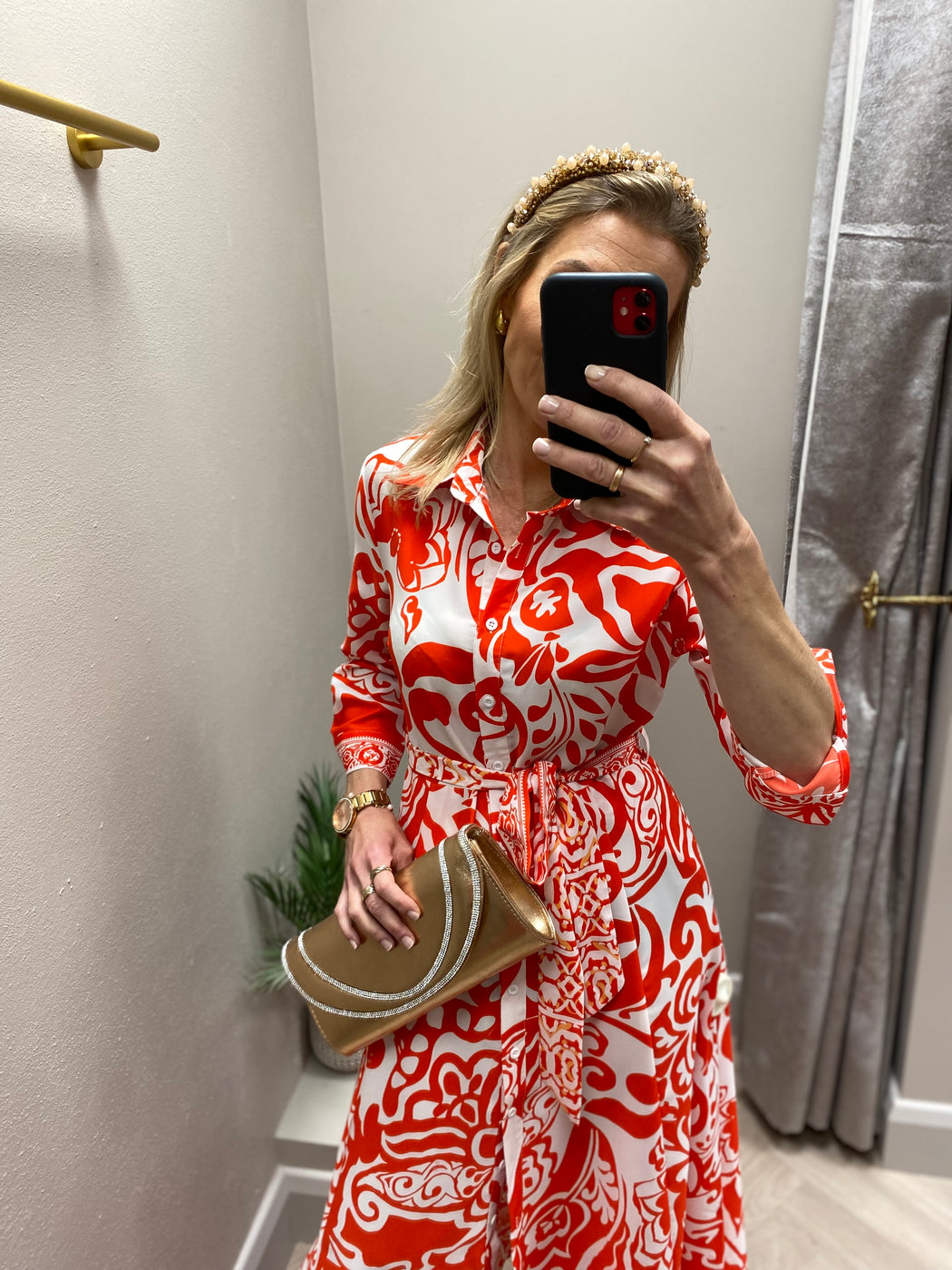 Angela Red Print Shirt Maxi Dress