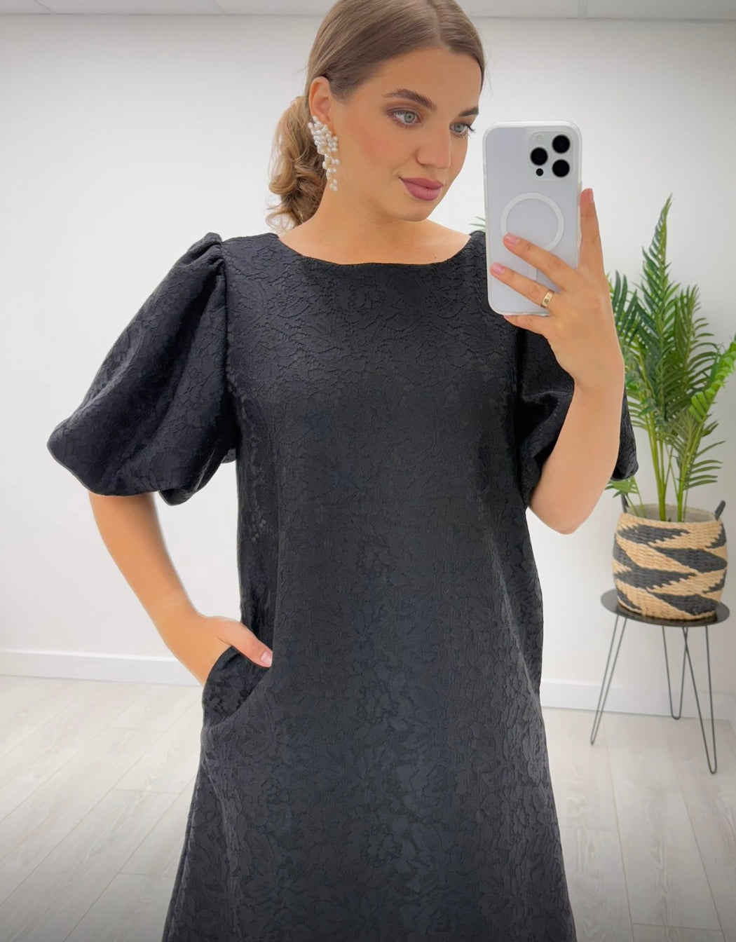 Breda black puff sleeve lace dress