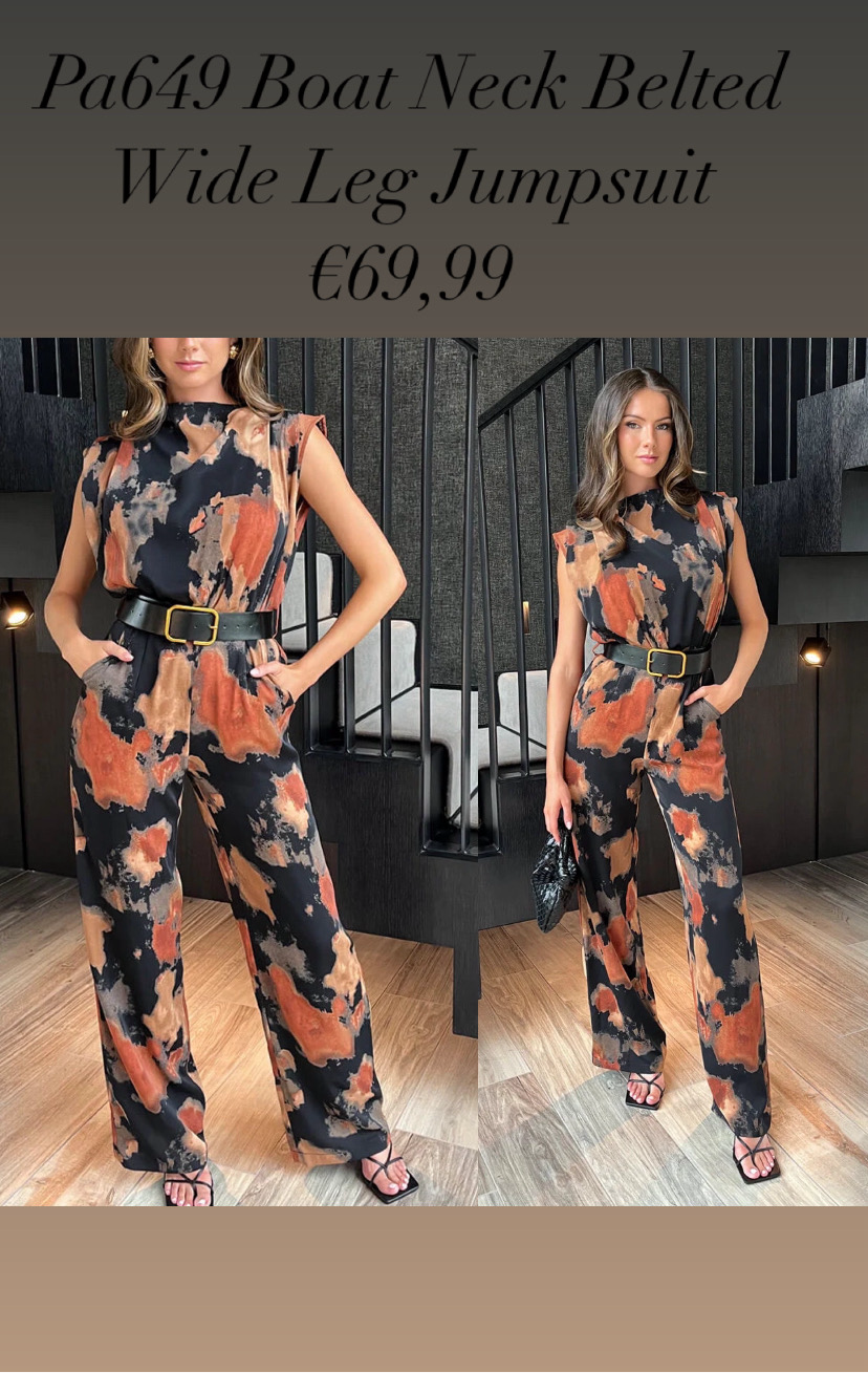 Pa649  Boat Neck Belted Wide Leg Jumpsuit