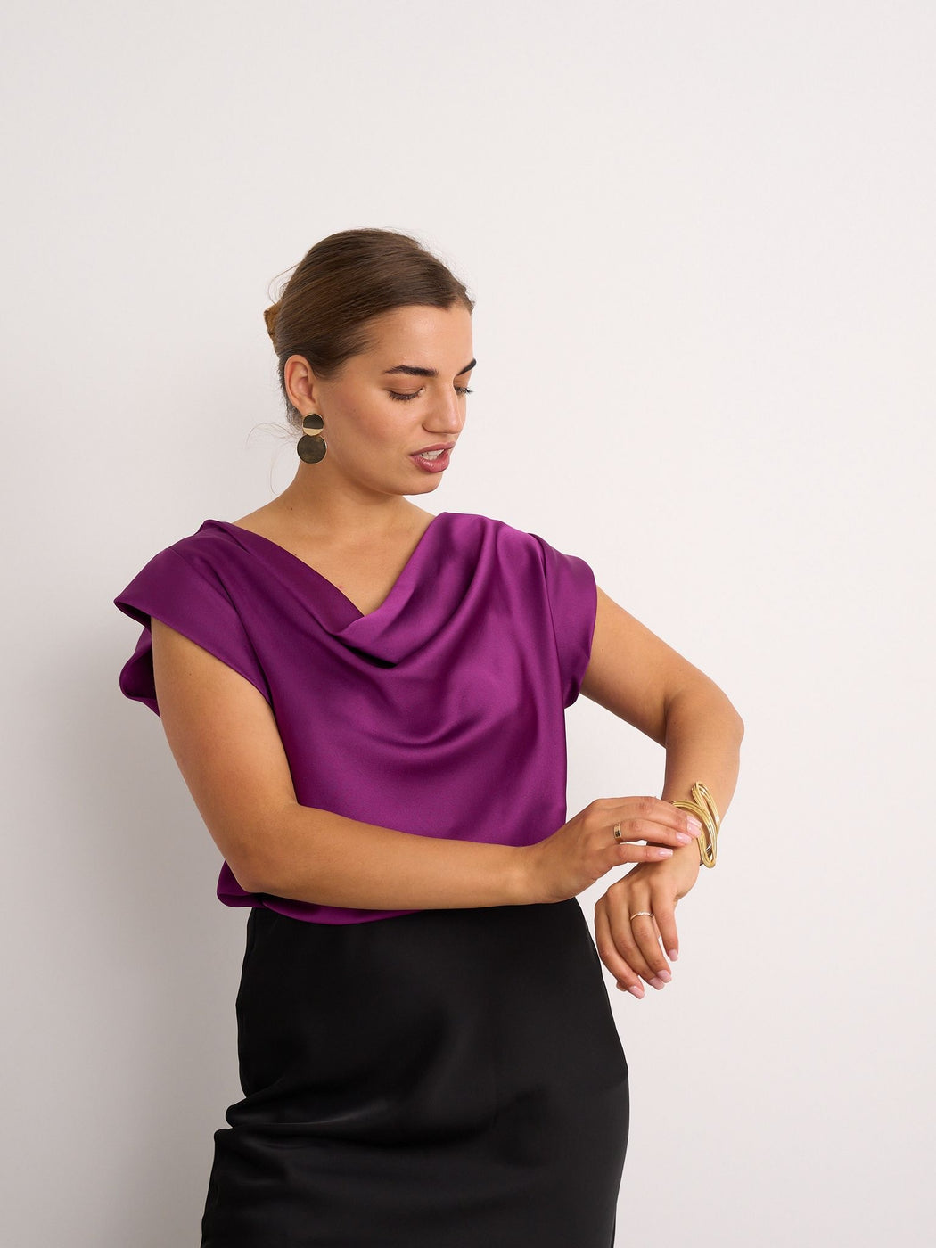 Grape satin cowl neck top