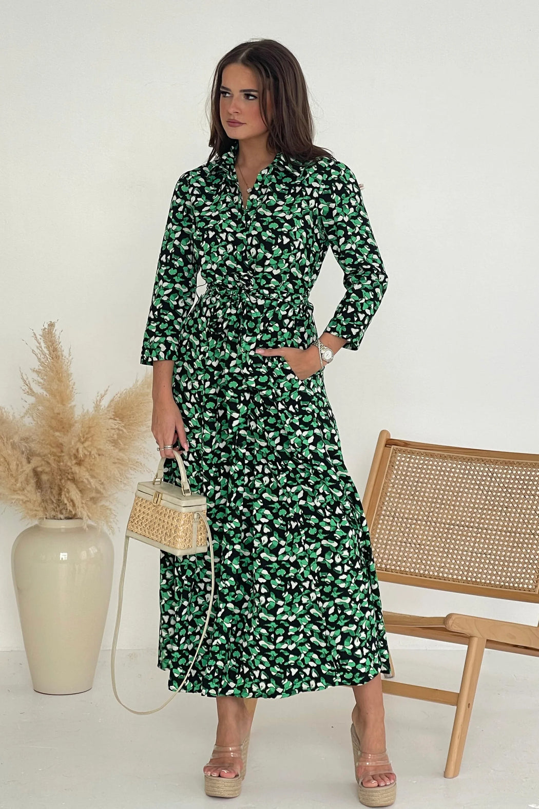 Angela Green Print Long Sleeve Shirt Dress