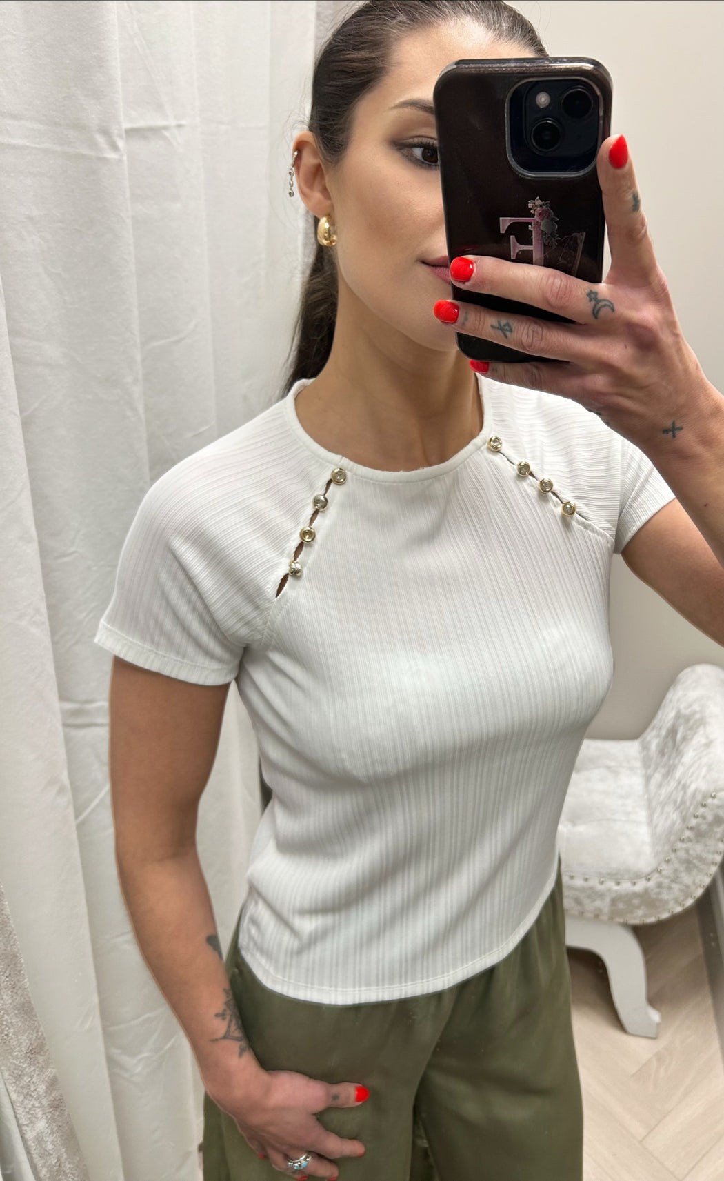 Reggy white diamanté stud detail top