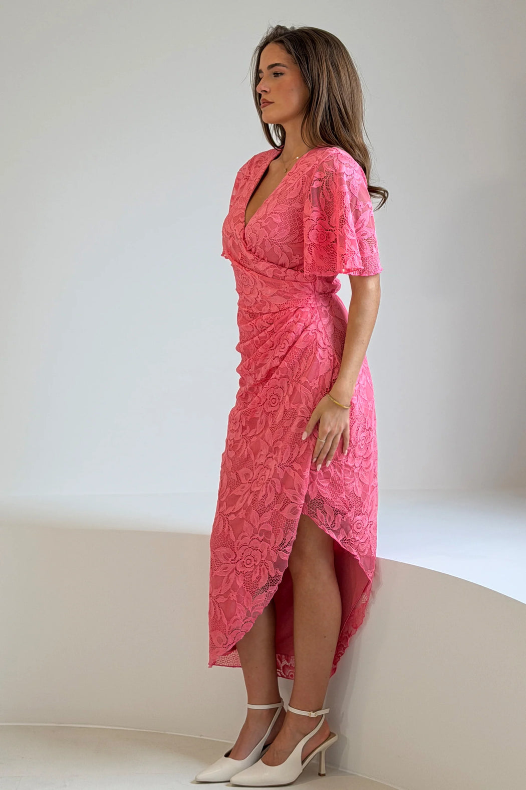 Natasha Angel Sleeve Wrap Midi Dress In Pink Lace