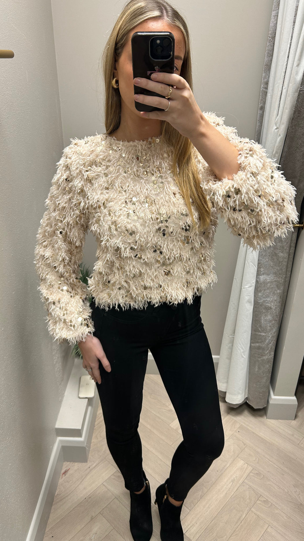 Cream gold feather knit top