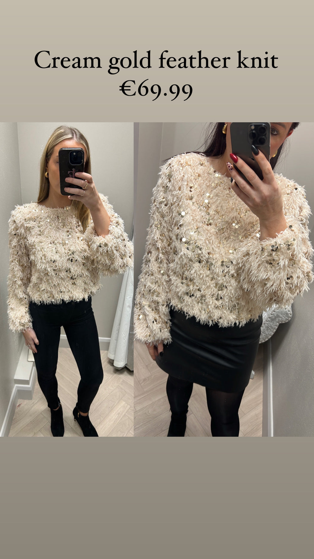 Cream gold feather knit top