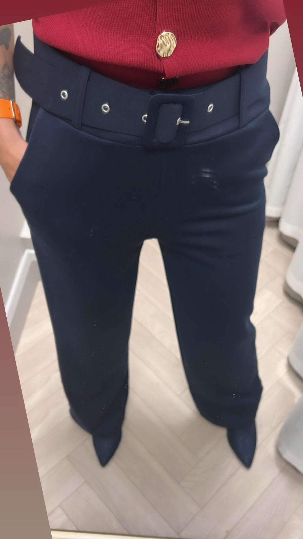 Navy belted trousers