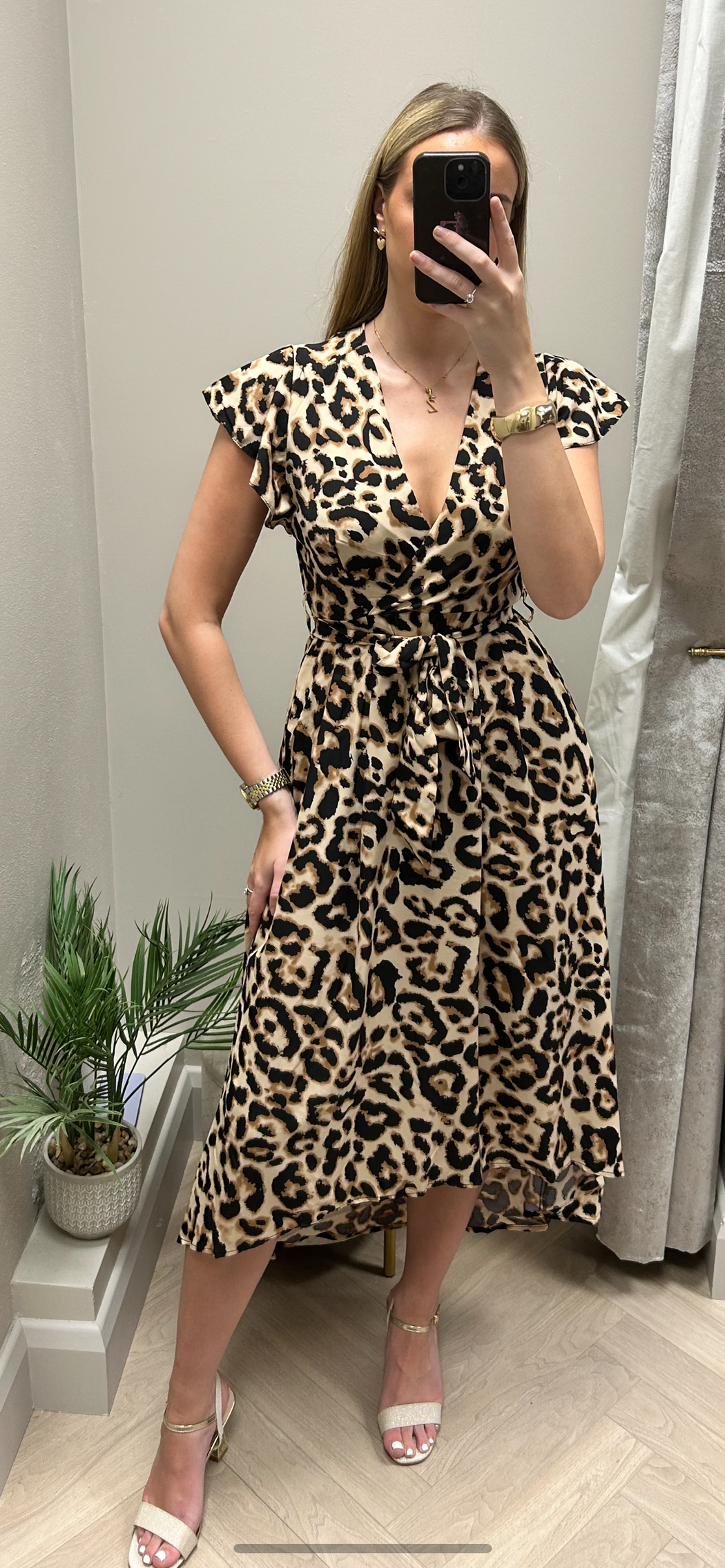 DA1998 Multi Leopard Print Short Sleeve Belted Wrap Midi Dress