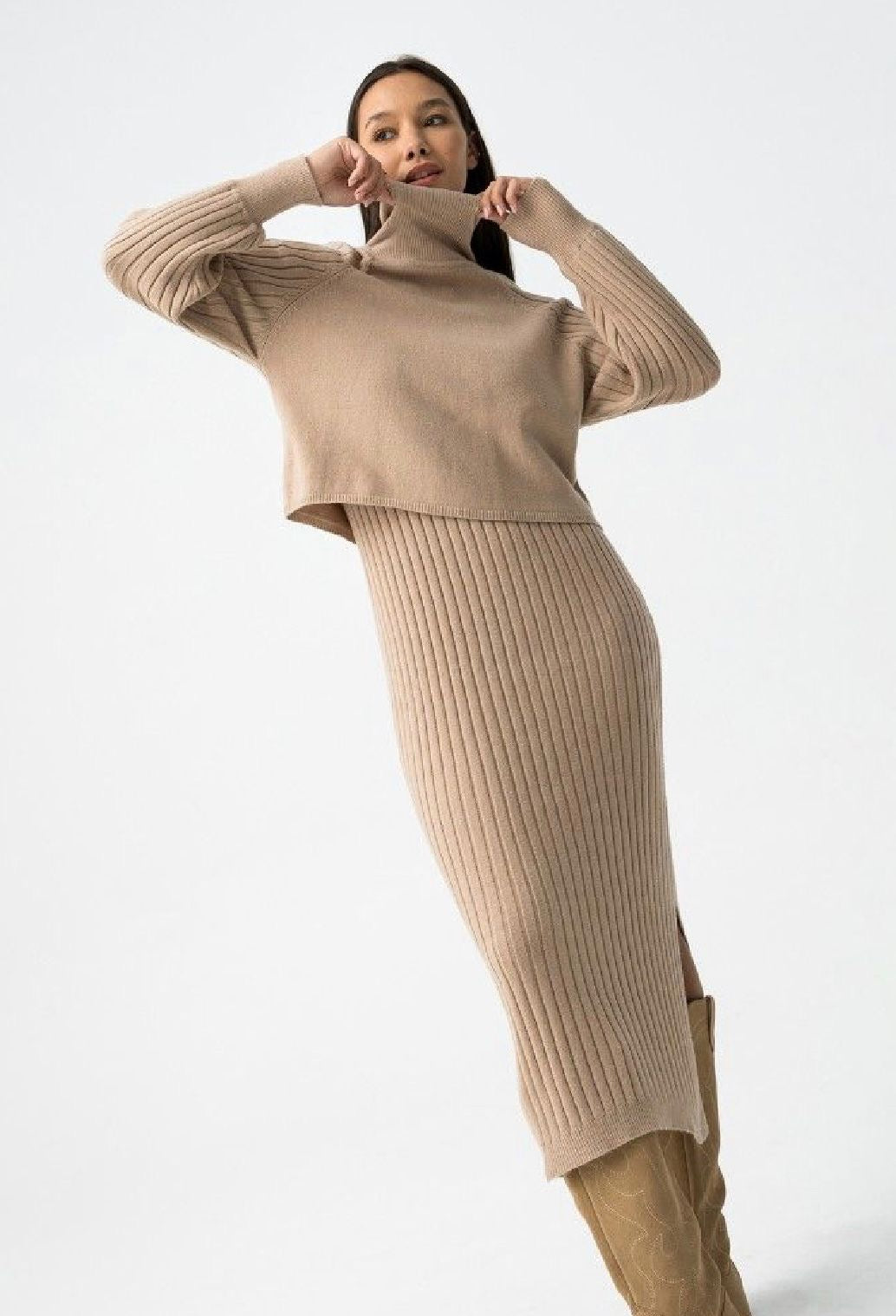 Titania beige two piece knit dress