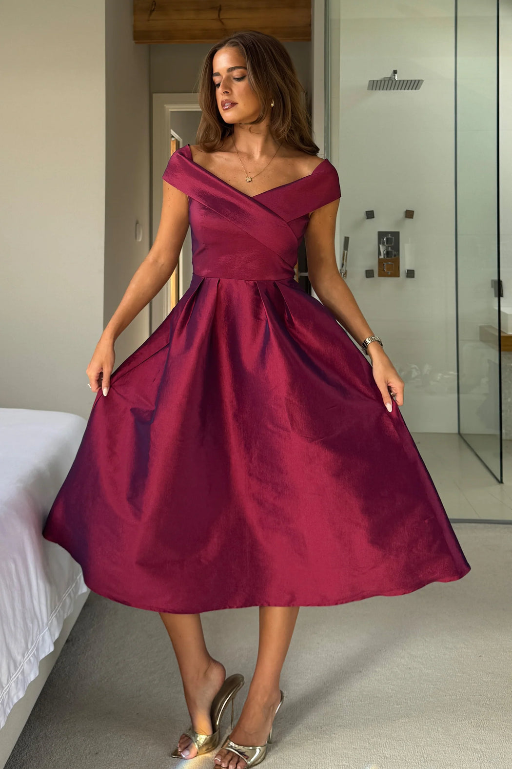 Daphne Off The Shoulder Skater Midi Dress Plum