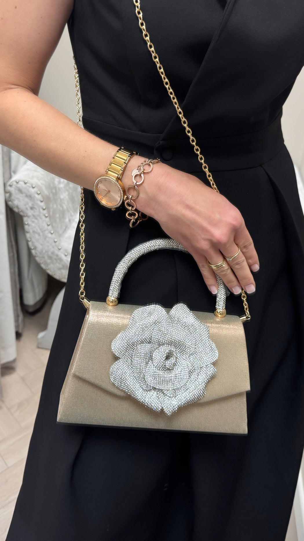 Rhinestone rose flower gold bag