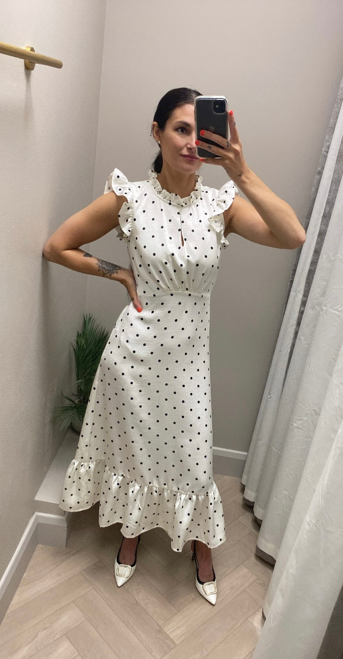 Polka Dot Satin Midi Dress - Cream