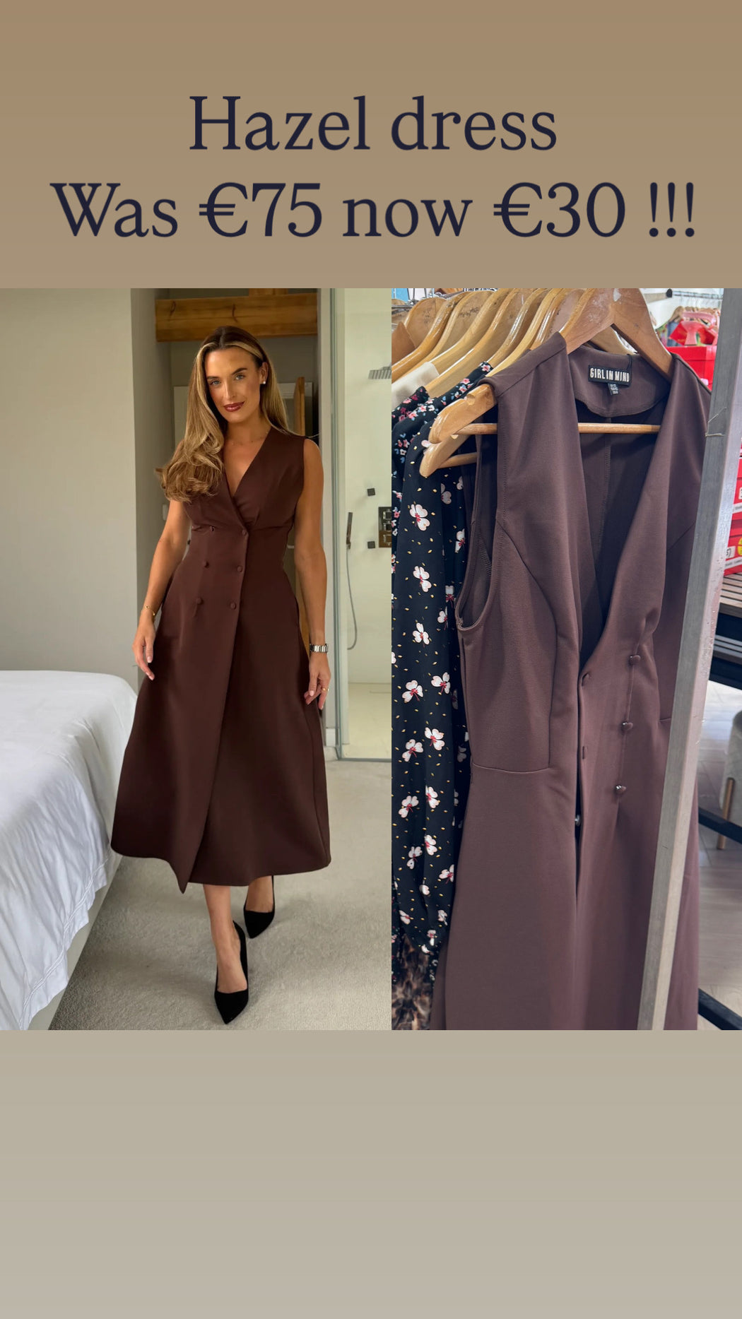 Hazel Tailored Sleeveless Midi Dress Brown