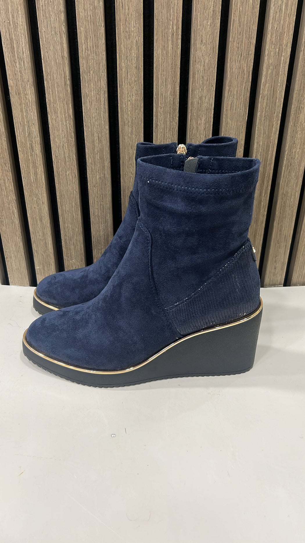Poole sapphire navy wedge boots