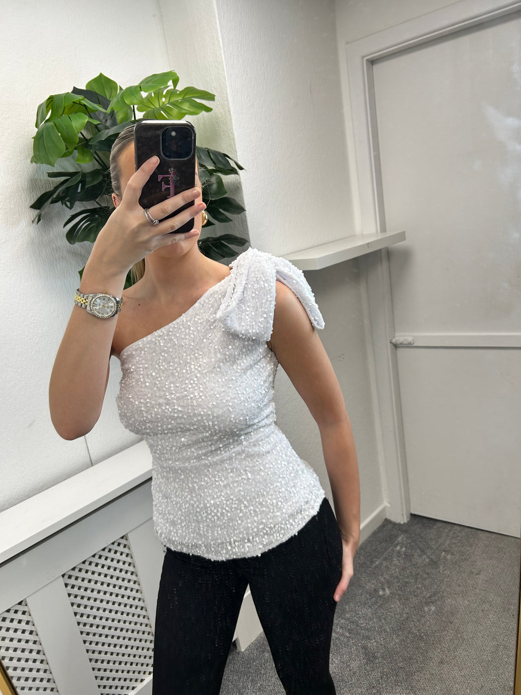 Birdie White Sequin One Shoulder Top