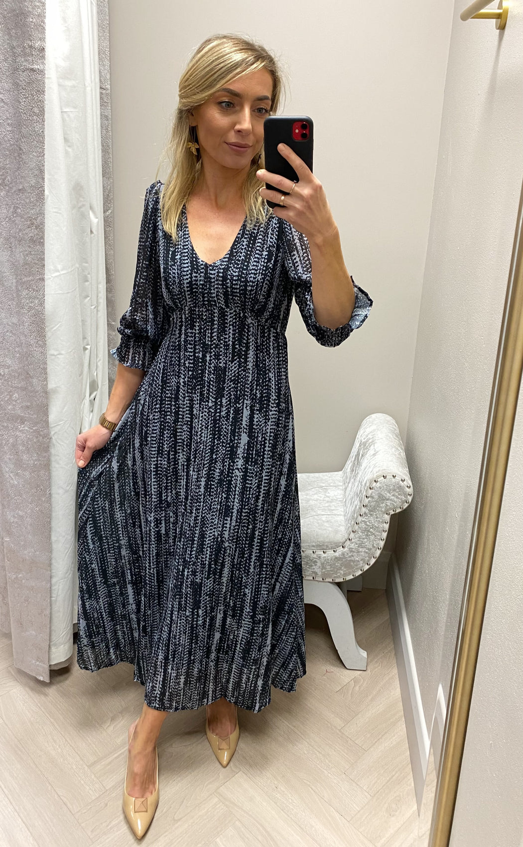 STREASA BLACK GREY PRINT MIDI DRESS